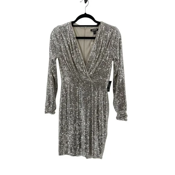 NWT Express Women's Long Sleeve Silver Sequin V Neck Cocktail Party Dress XS - Picture 2 of 15